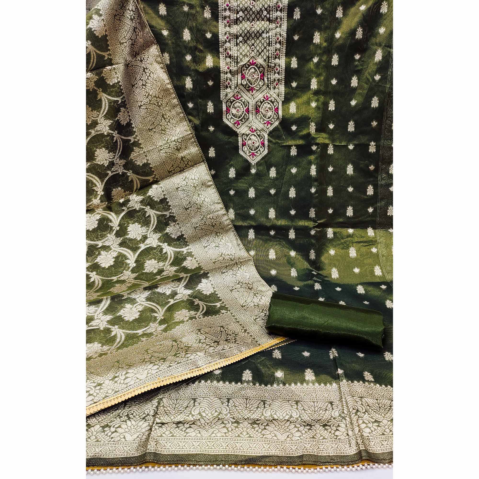 Mehandi Green Woven Banarasi Silk Dress Material