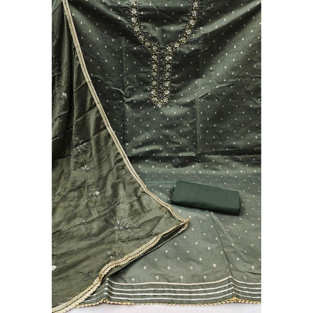 Green Woven Chanderi Silk Dress Material