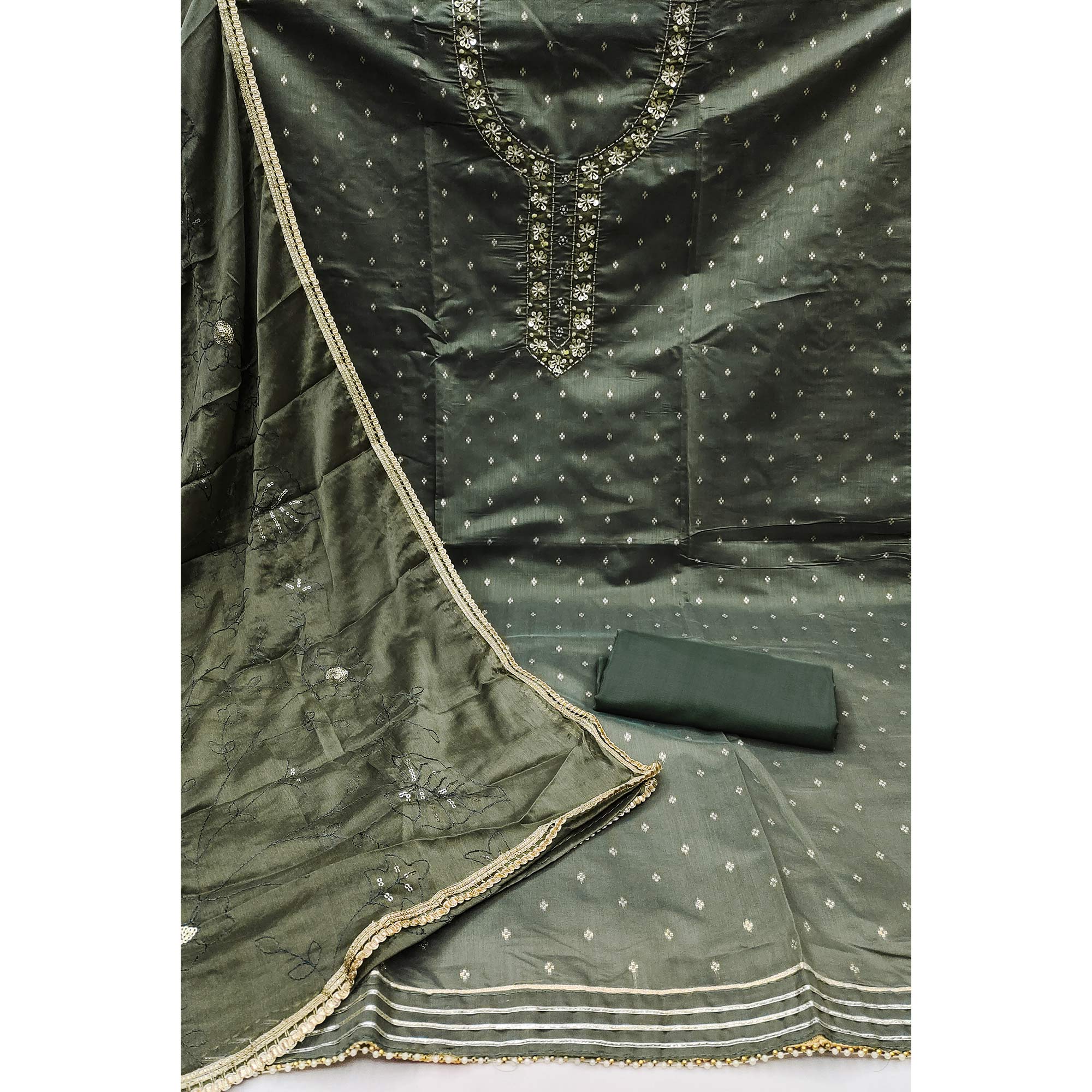 Green Woven Chanderi Silk Dress Material