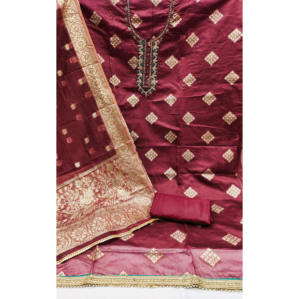 Maroon Woven Banarasi Silk Dress Material
