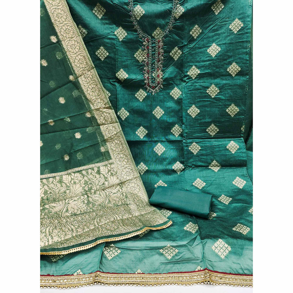 Morpich Green Woven Banarasi Silk Dress Material