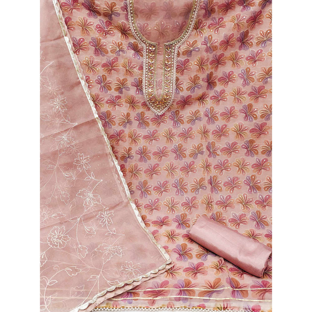 Light Mauve Sequins Embroidered Organza Dress Material