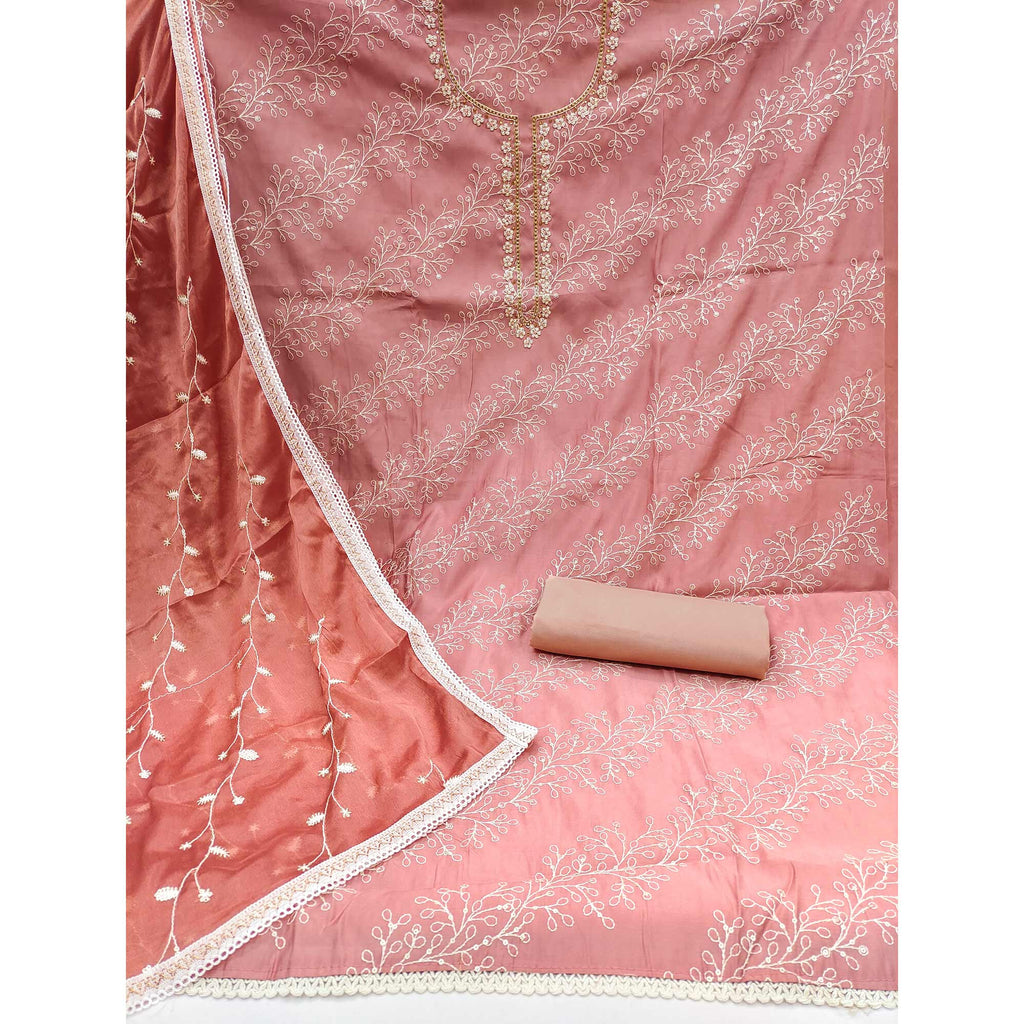 Mauve Embroidered Cotton Blend Dress Material