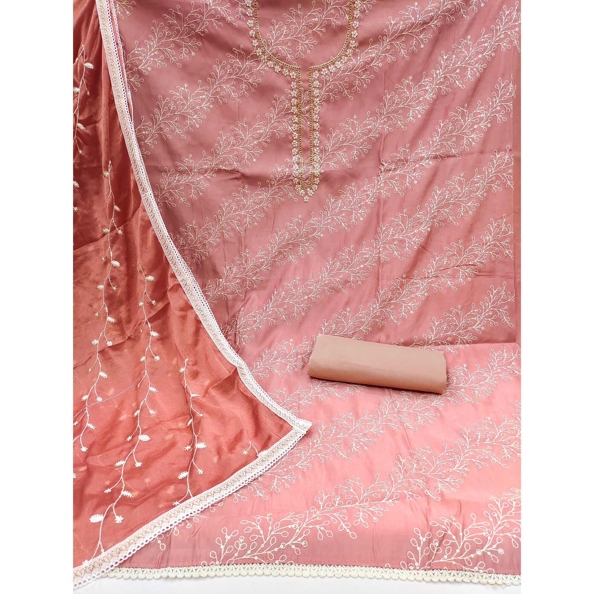 Mauve Embroidered Cotton Blend Dress Material