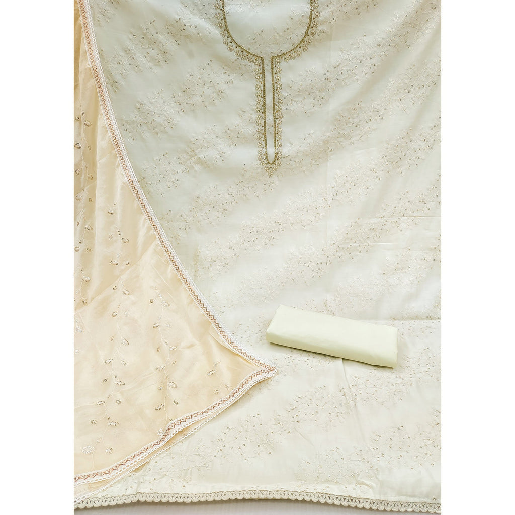 Off White Embroidered Cotton Blend Dress Material