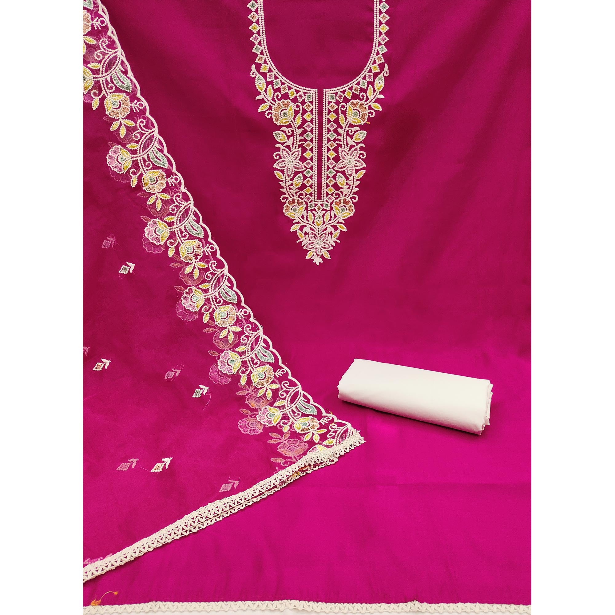 Pink Floral Embroidered Cotton Silk Dress Material