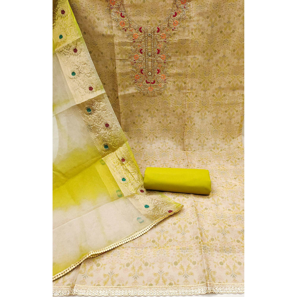 Beige & Green Floral Digital Printed With Embroidery Viscose Dress Material