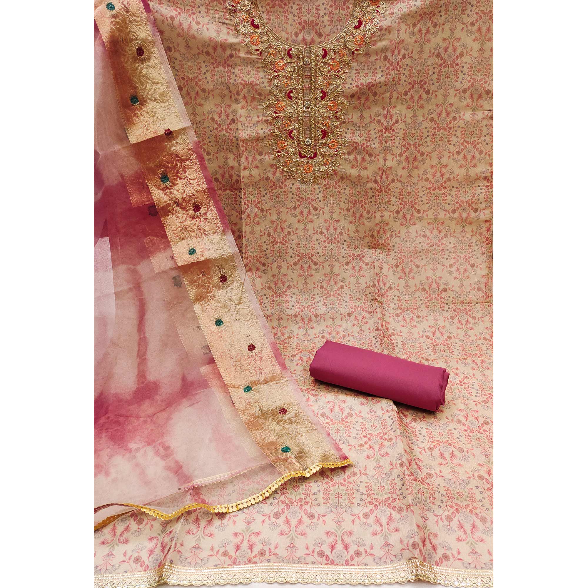 Beige & Pink Floral Digital Printed With Embroidery Viscose Dress Material