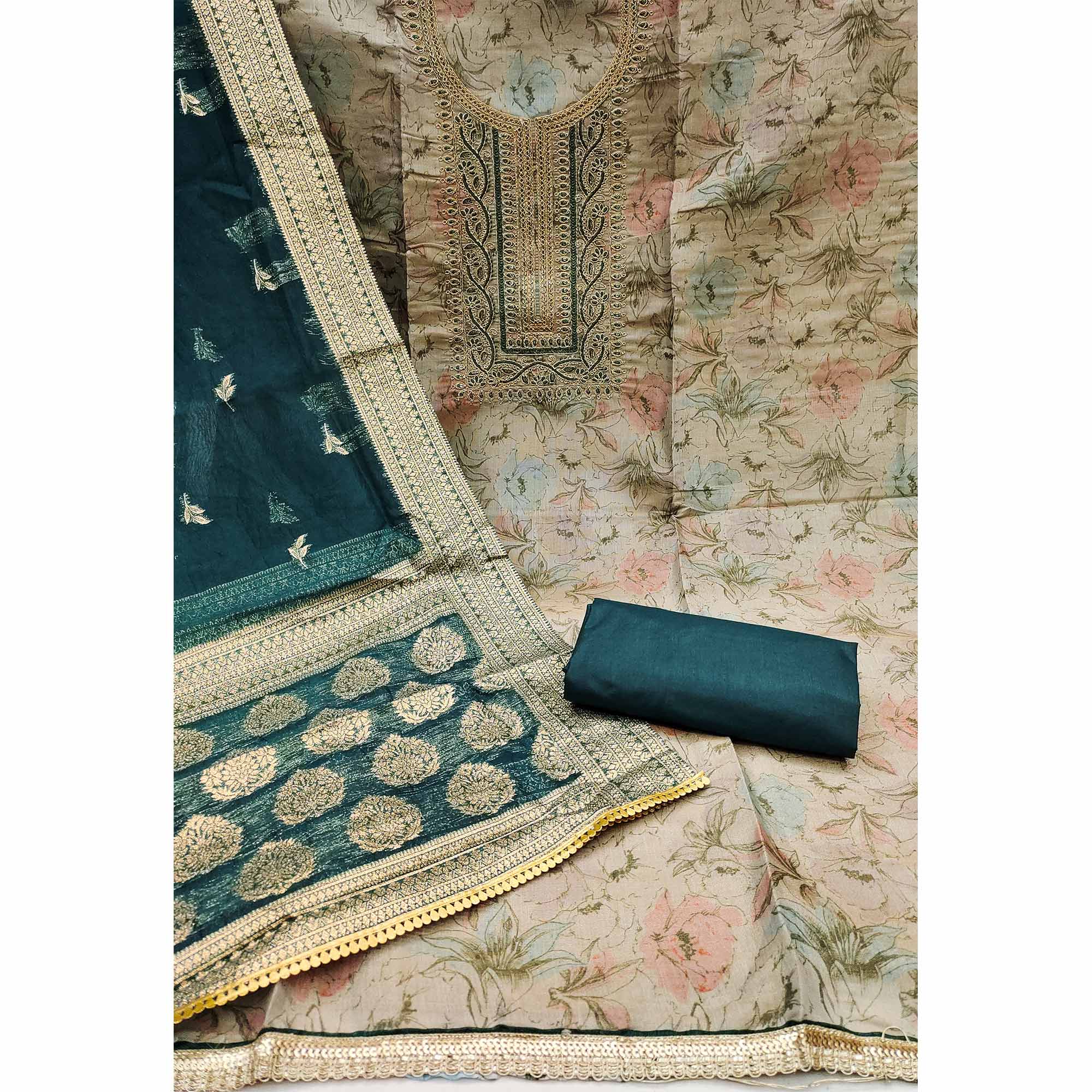 Beige Floral Digital Printed With Embroidery Viscose Dress Material