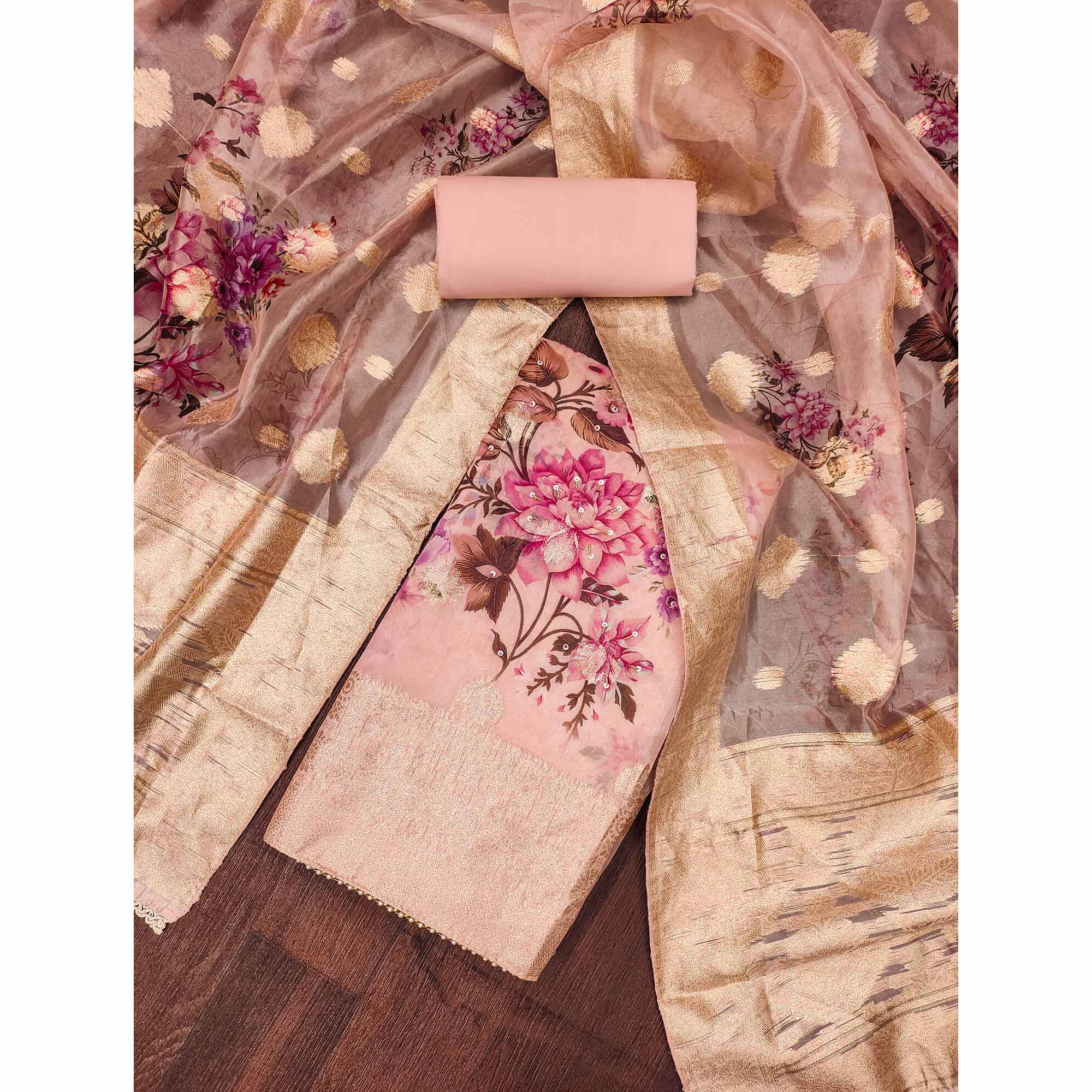 Peach Woven With Digital Printed Organza Dress Material