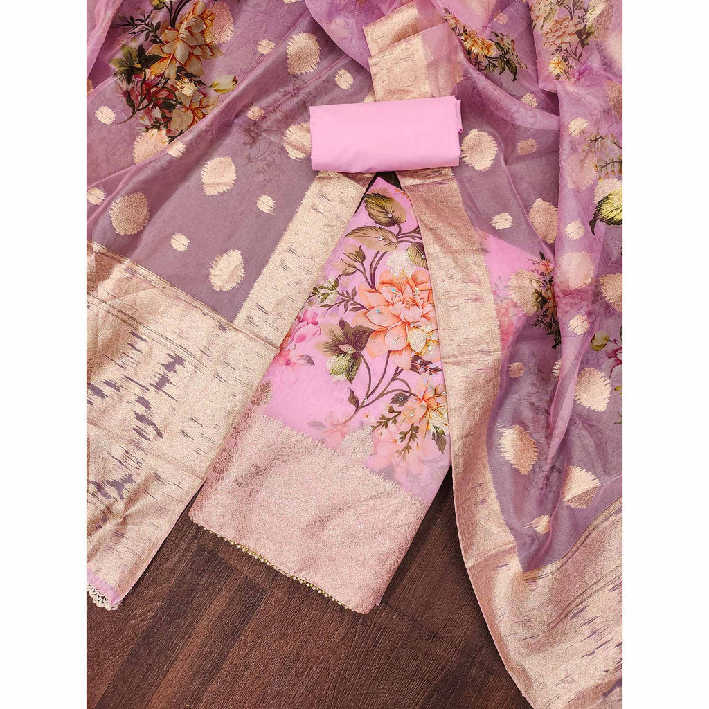 Pink Woven With Digital Printed Organza Dress Material