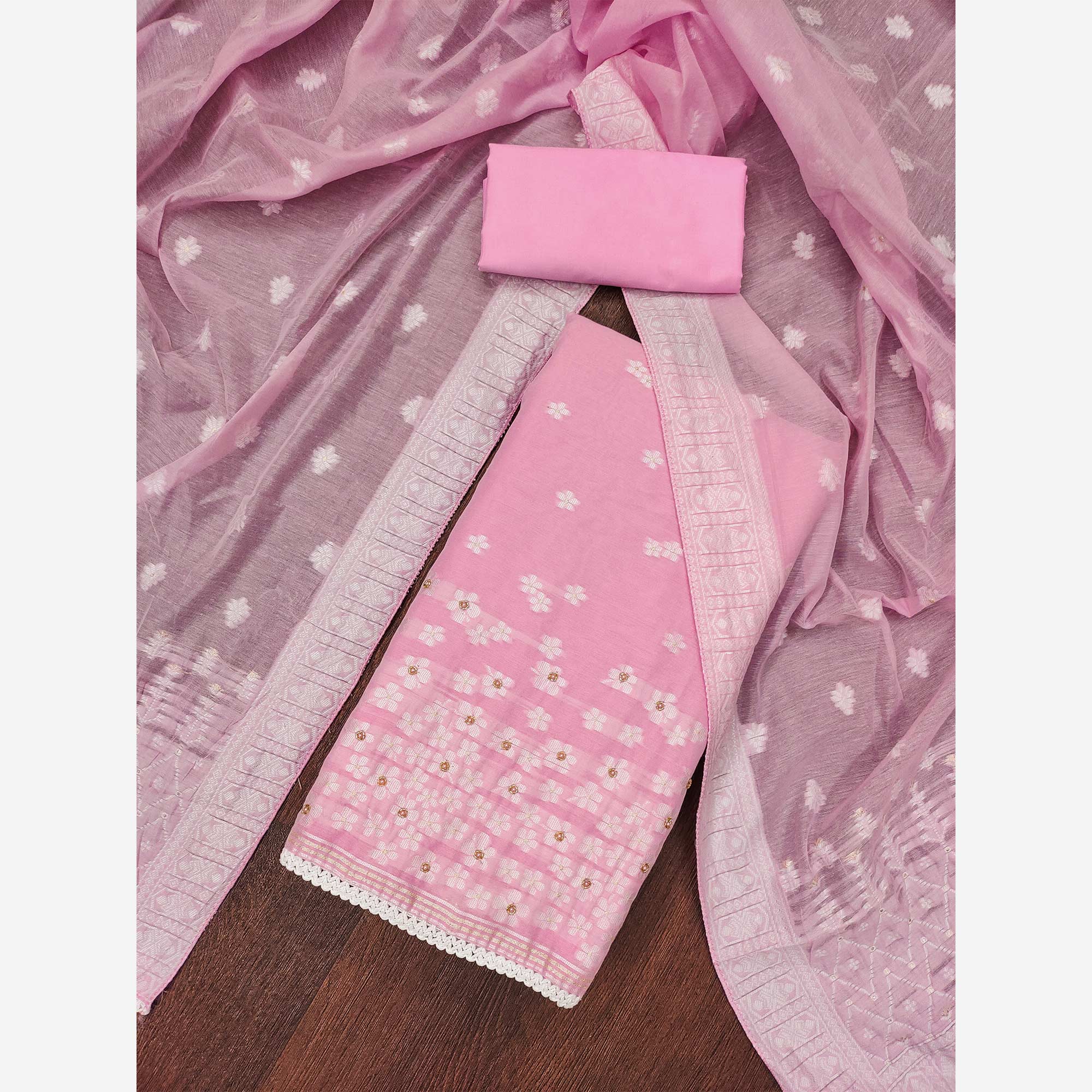 Pink Floral Woven With Hand Embroidered Muslin Dress Material