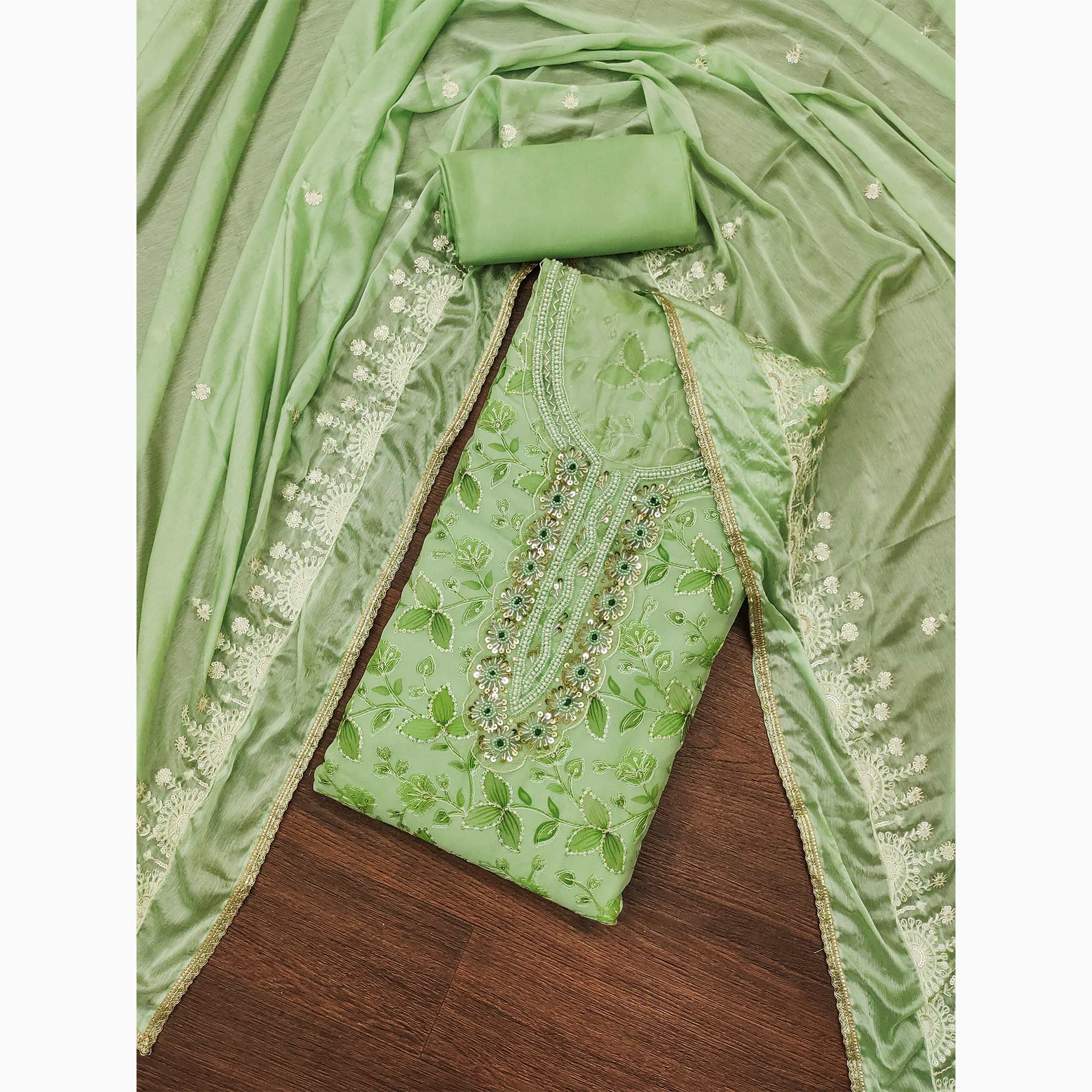 Green Floral Hand Embroidered Organza Dress Material
