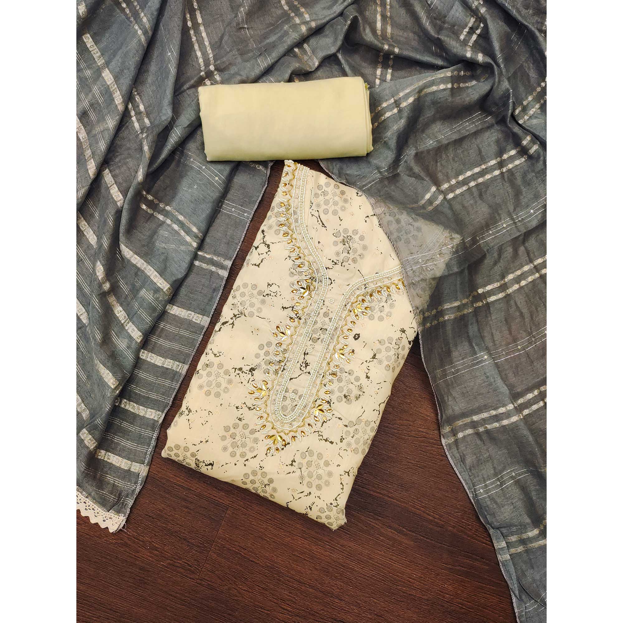 Cream & Dark Grey Digital Printed With Hand Embroidered Muslin Dress Material