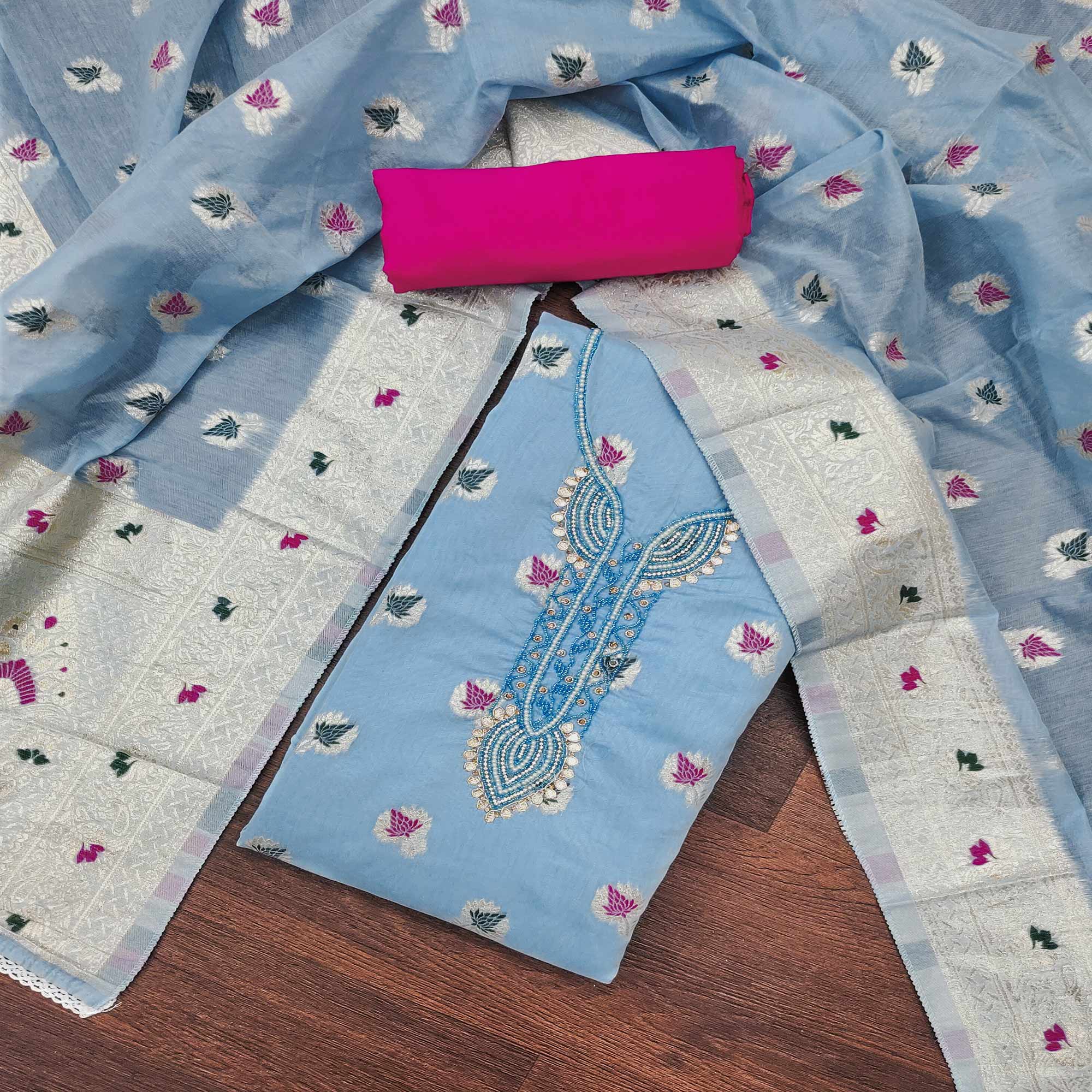 Blue Woven With Handwork Muslin Dress Material