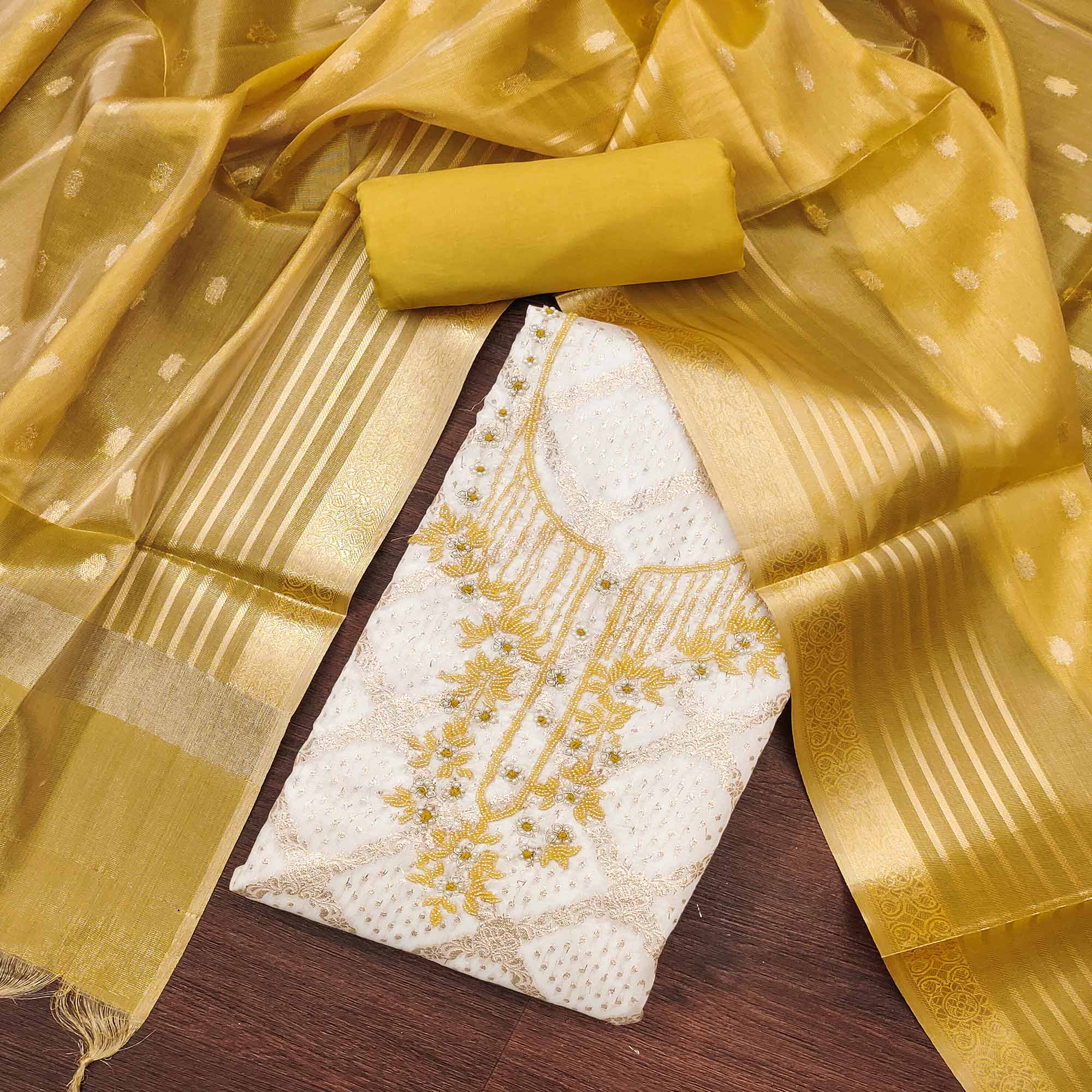 Off white & Yellow Woven With Handwork Muslin Dress Material