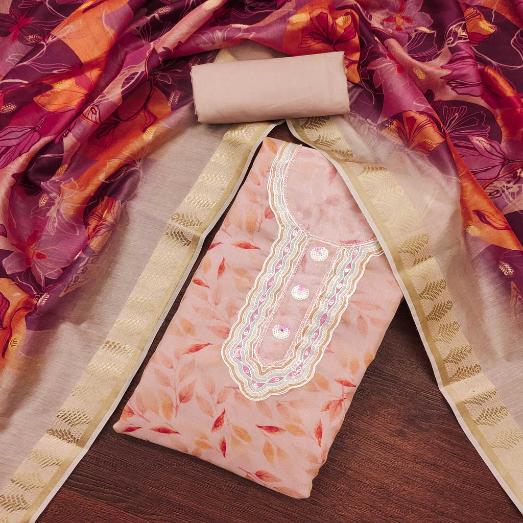 Peach Printed With Sequins Embroidered Chanderi Dress Material