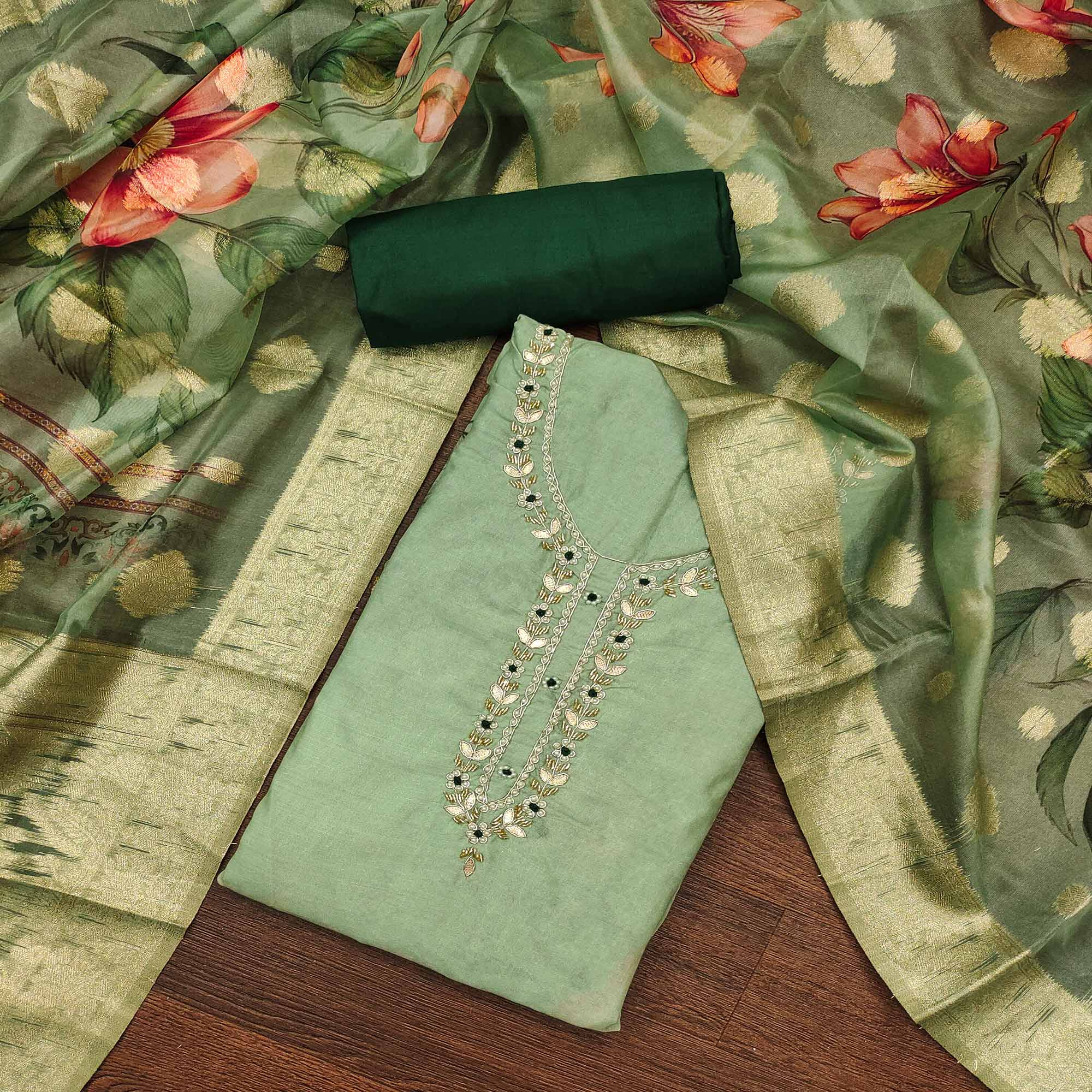 Green Floral Digital Printed With Handwork Pure Cotton Dress Material