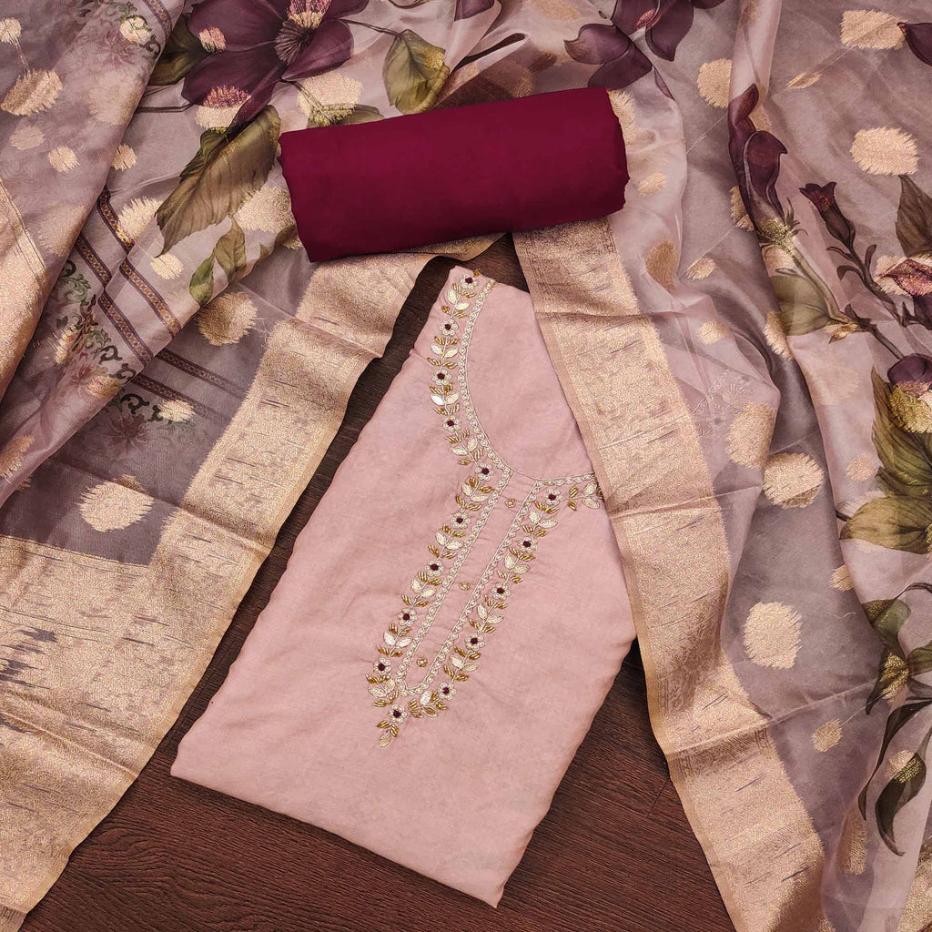 Peach Floral Digital Printed With Handwork Pure Cotton Dress Material