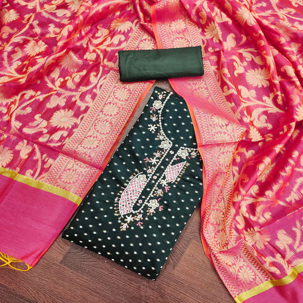 Bottle Green Woven With Hand Embroidery Chanderi Dress Material