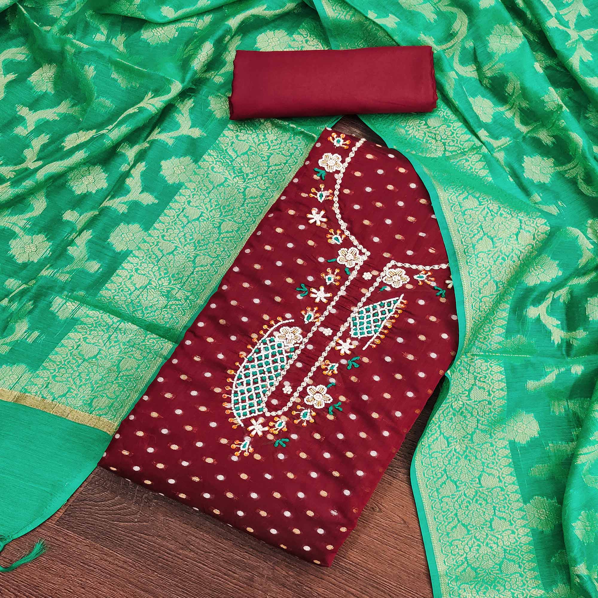 Maroon Woven With Hand Embroidery Chanderi Dress Material