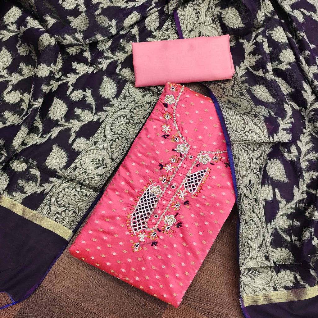 Pink Woven With Hand Embroidery Chanderi Dress Material
