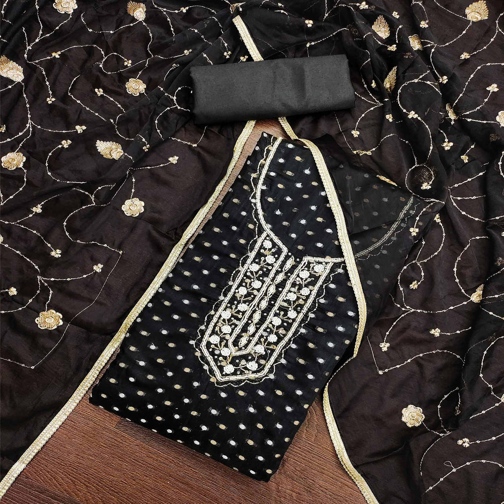 Black Woven With Hand Embroidery Chanderi Dress Material