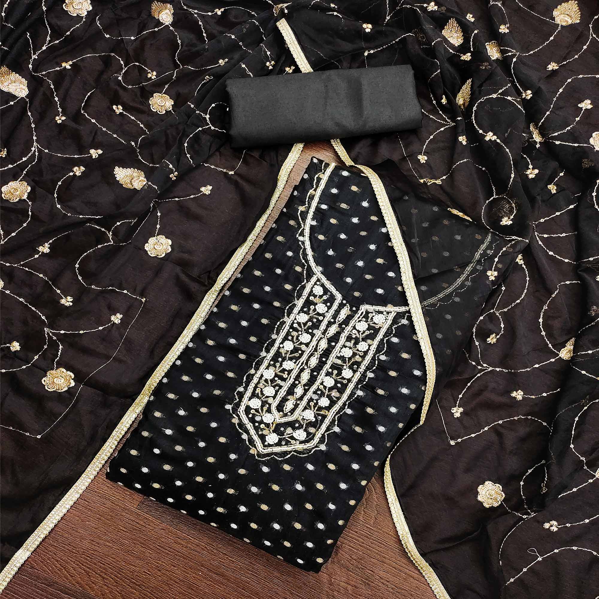 Black Woven With Hand Embroidery Chanderi Dress Material