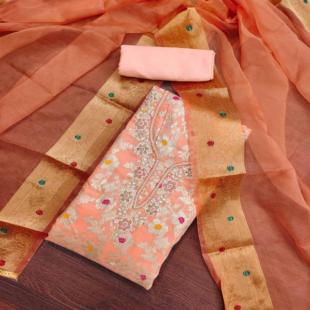 Peach Floral Woven With Hand Embroidery Muslin Dress Material