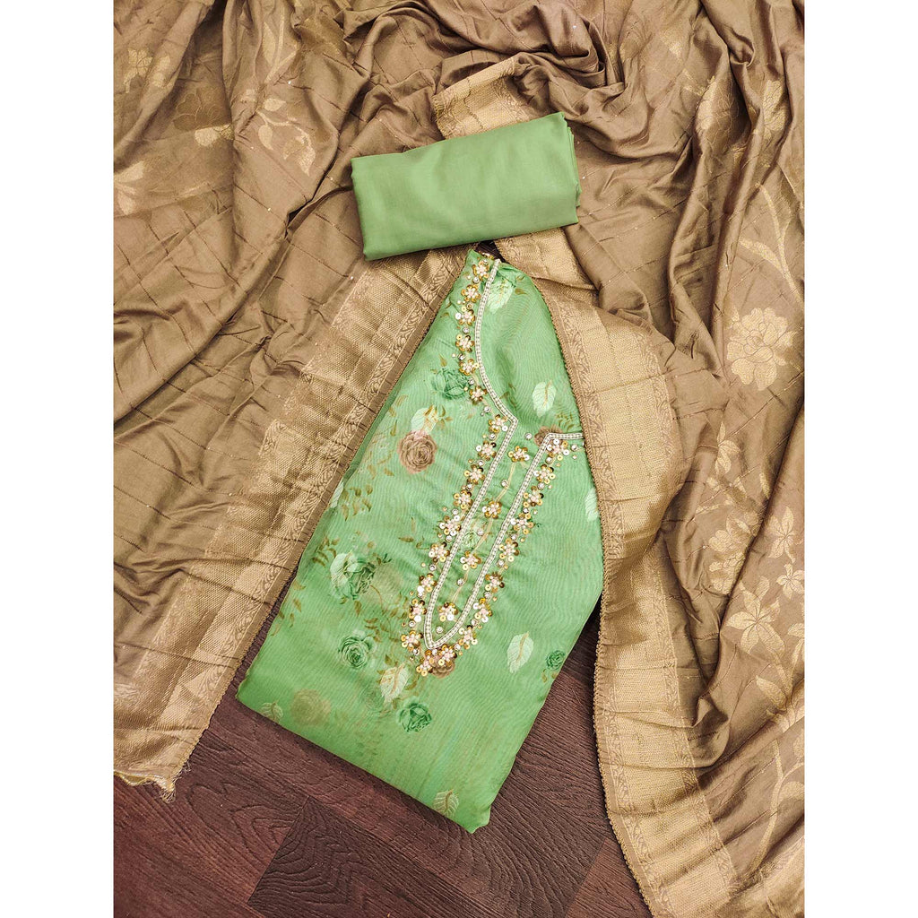 Green Floral Digital Printed With Handwork Organza Dress Material