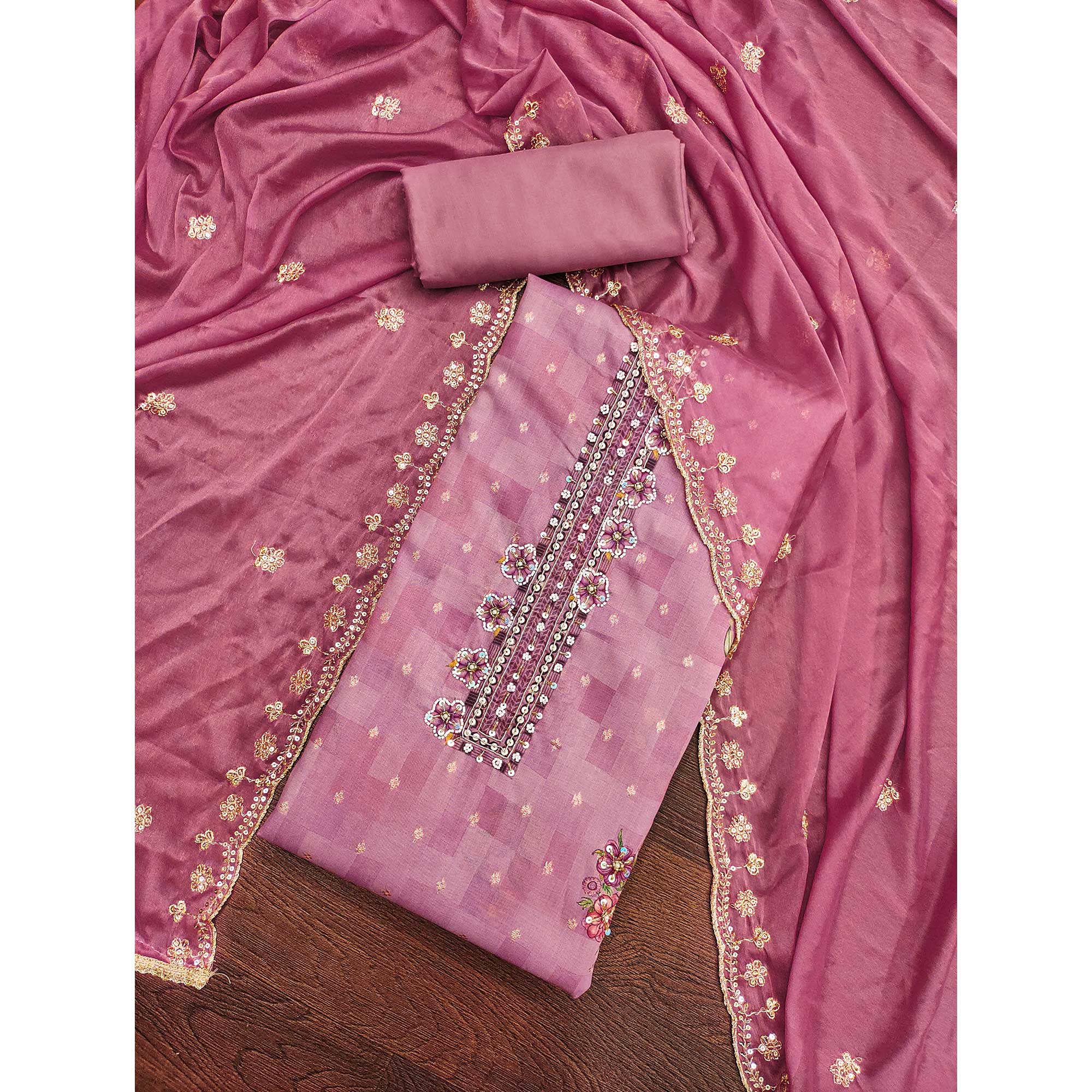 Pink Floral Digital Printed With Handwork Chanderi Dress Material