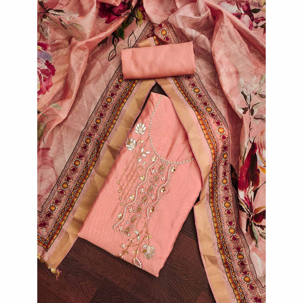 Peach Floral Hand Embroidery Chanderi Dress Material
