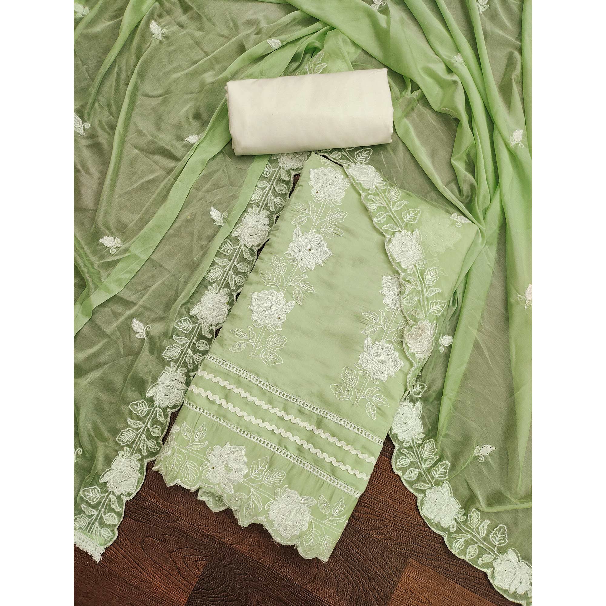 Green Floral Stone Embroidered Cotton Silk Dress Material