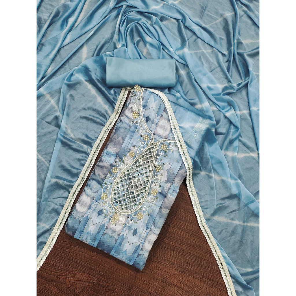 Blue Digital Printed With Hand Embroidery Chanderi Dress Material