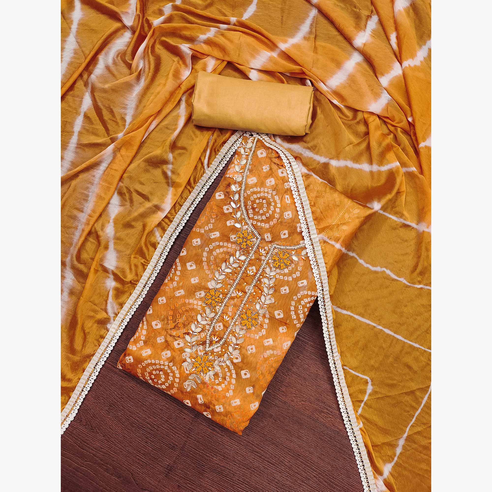 Mustard Bandhani Printed With Hand Embroidery Chanderi Dress Material