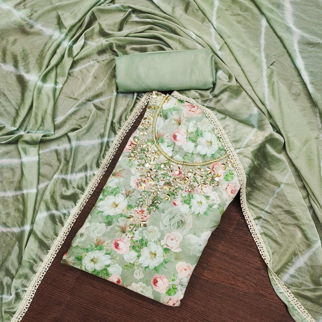 Green Floral Digital Printed With Hand Embroidery Muslin Dress Material