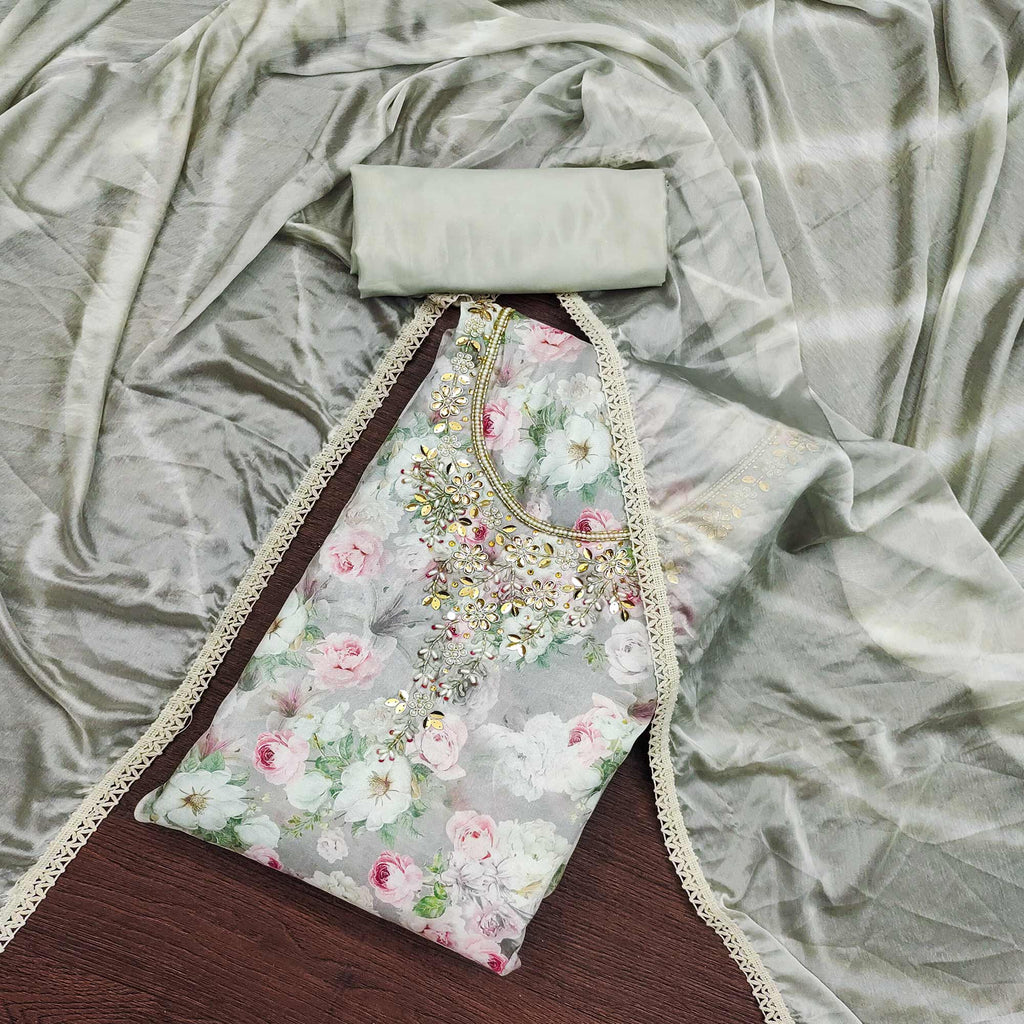 Grey Floral Digital Printed With Hand Embroidery Muslin Dress Material