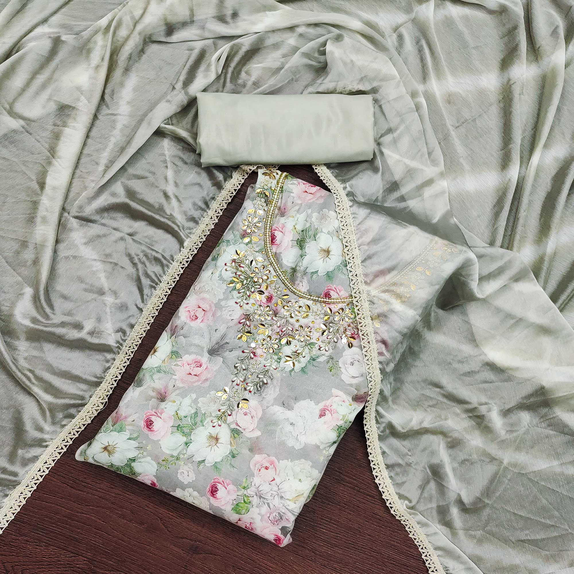 Grey Floral Digital Printed With Hand Embroidery Muslin Dress Material