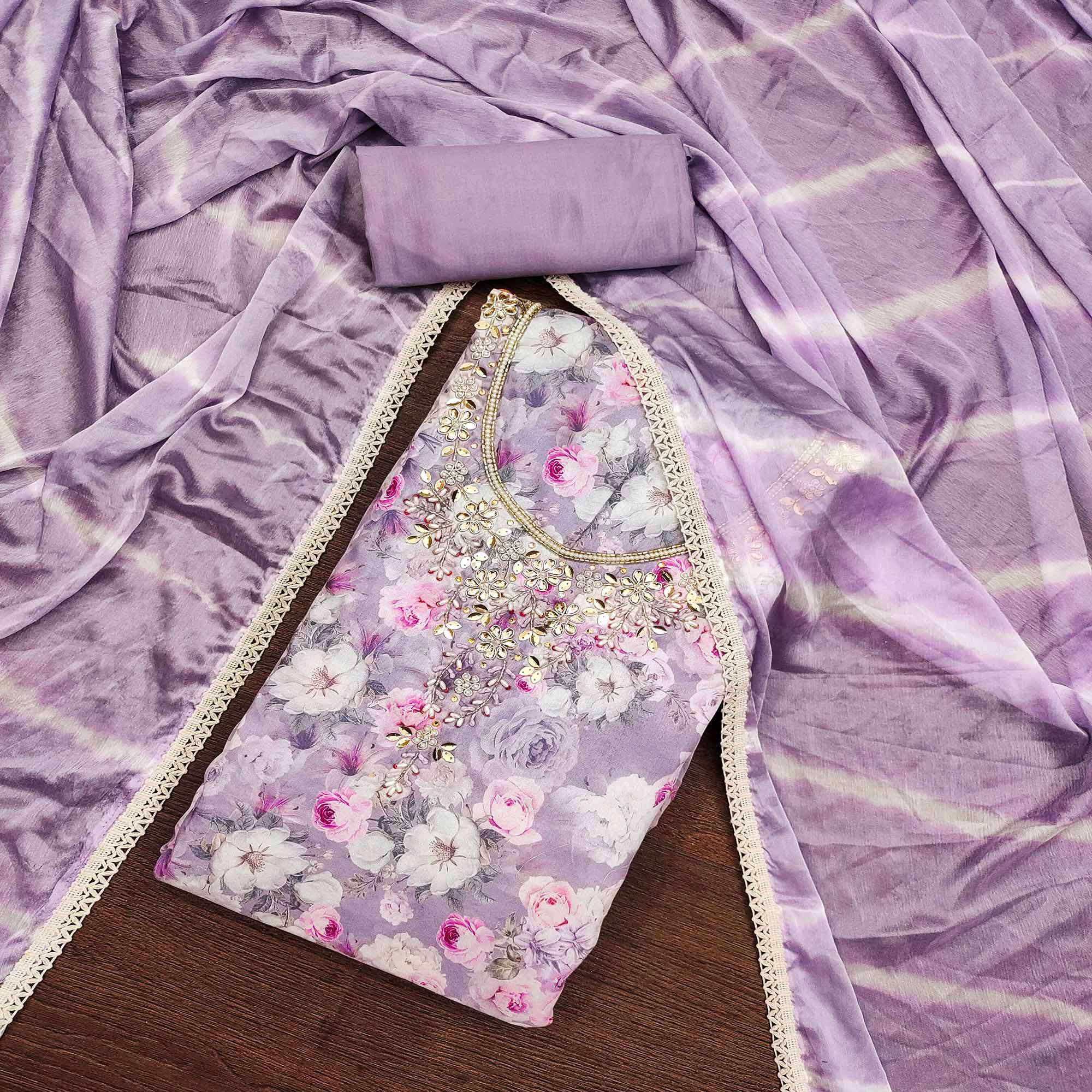 Lavender Floral Digital Printed With Hand Embroidery Muslin Dress Material