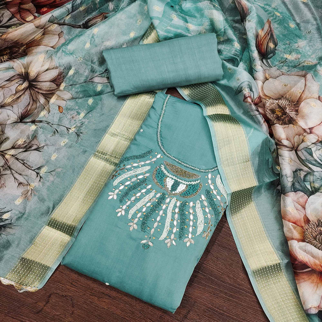 Blue Hand Embroidered Cotton Silk Dress Material