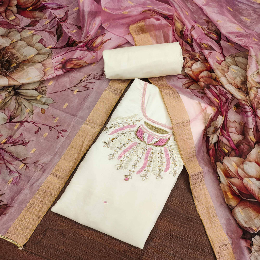 Offwhite Hand Embroidered Cotton Silk Dress Material