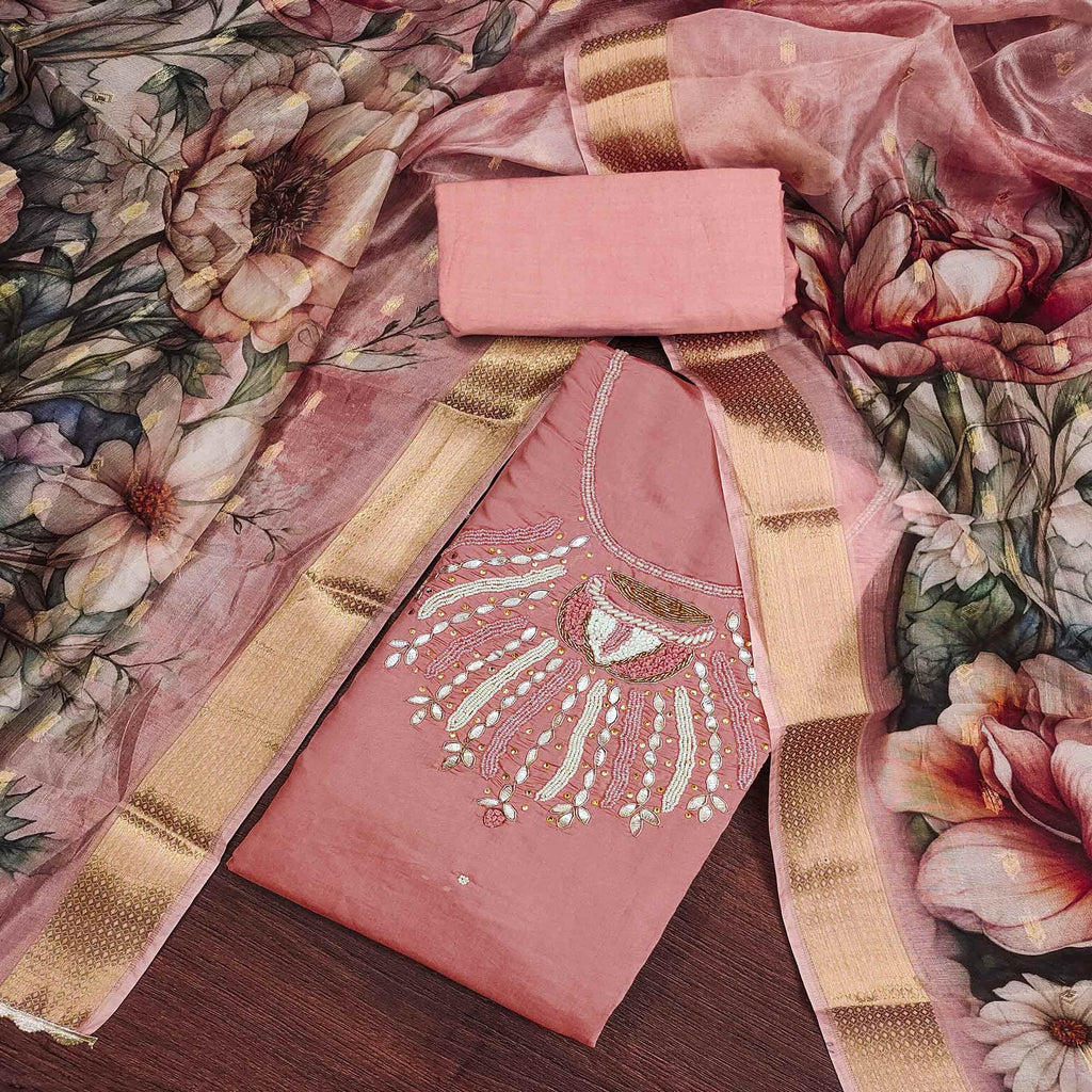 Peach Hand Embroidered Cotton Silk Dress Material