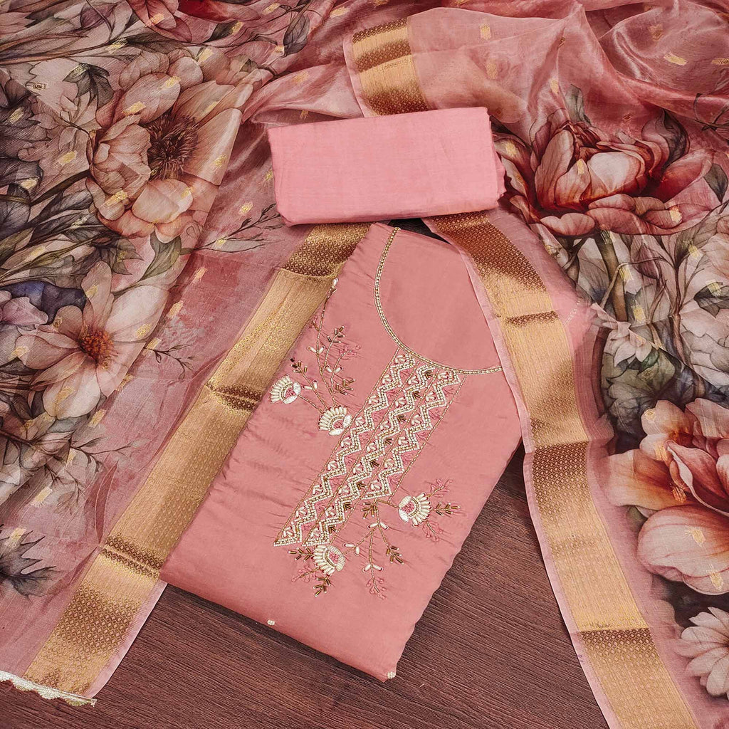 Peach Floral Hand Embroidered Cotton Silk Dress Material