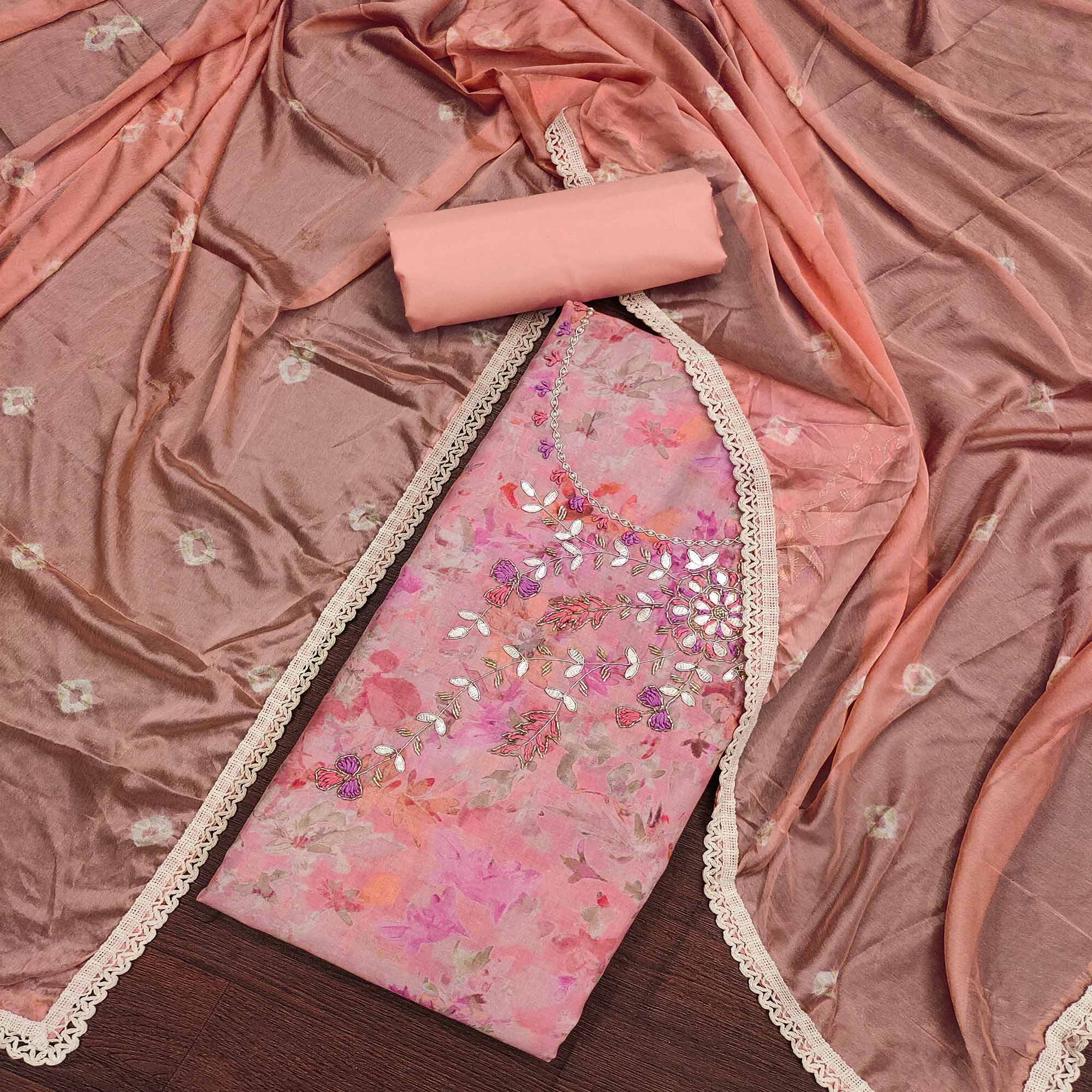 Peach Printed With Hand Embroidery Pure Cotton Dress Material