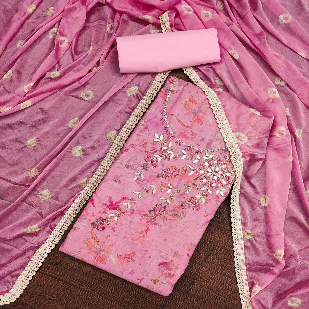 Pink Printed With Hand Embroidery Pure Cotton Dress Material