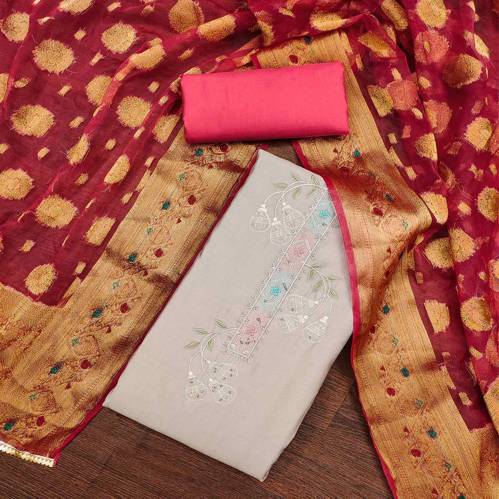 Beige Floral Embroidered Cotton Silk Dress Material