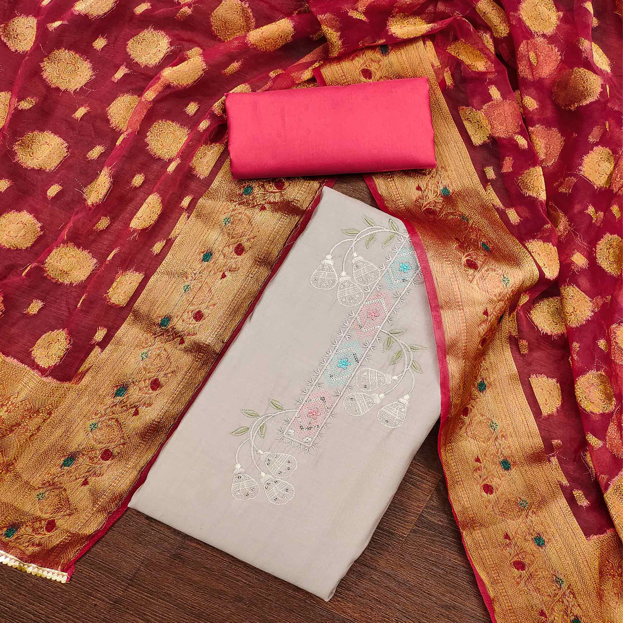 Beige Floral Embroidered Cotton Silk Dress Material