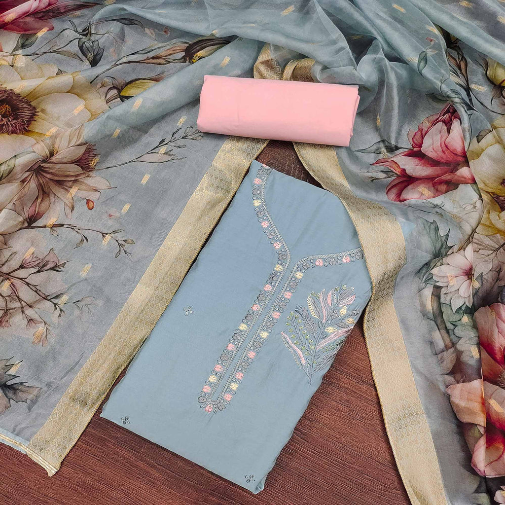 Blue Floral Embroidered Cotton Silk Dress Material