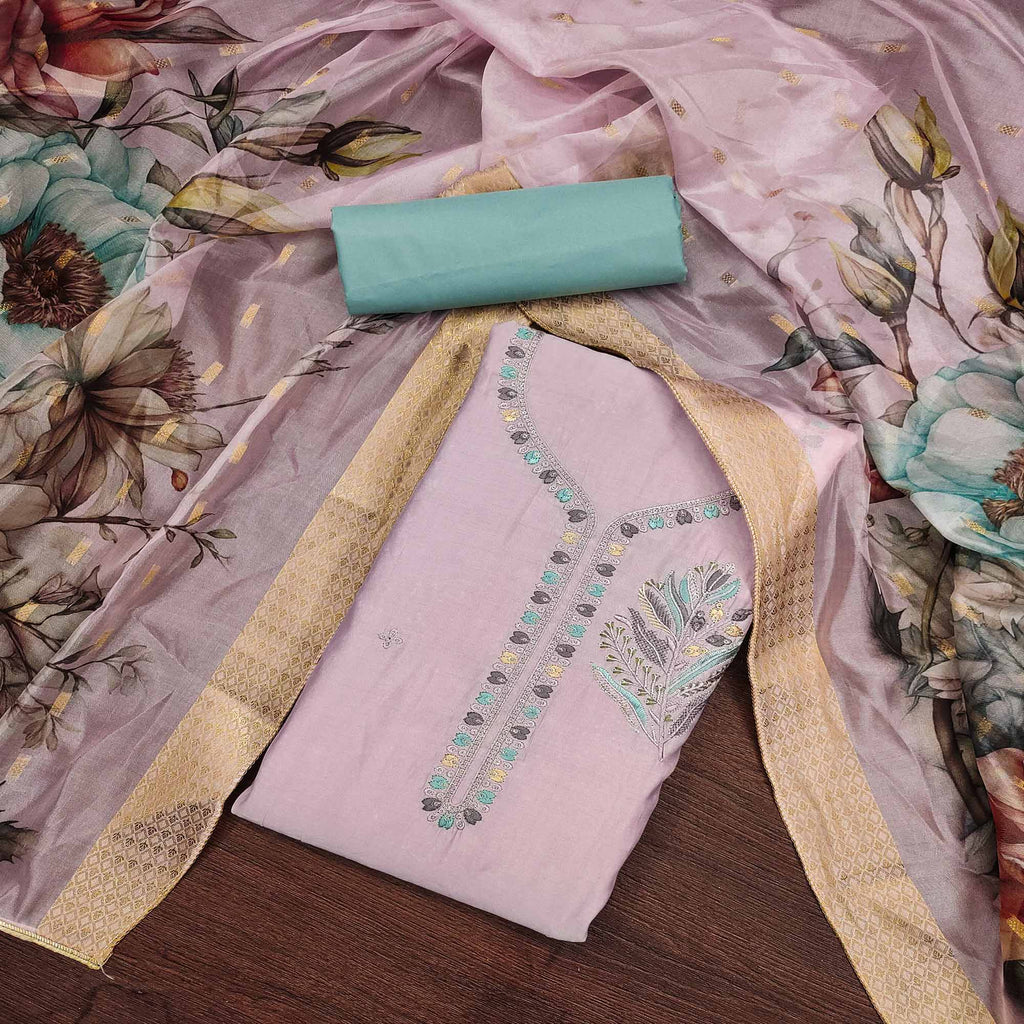 Light Pink Floral Embroidered Cotton Silk Dress Material