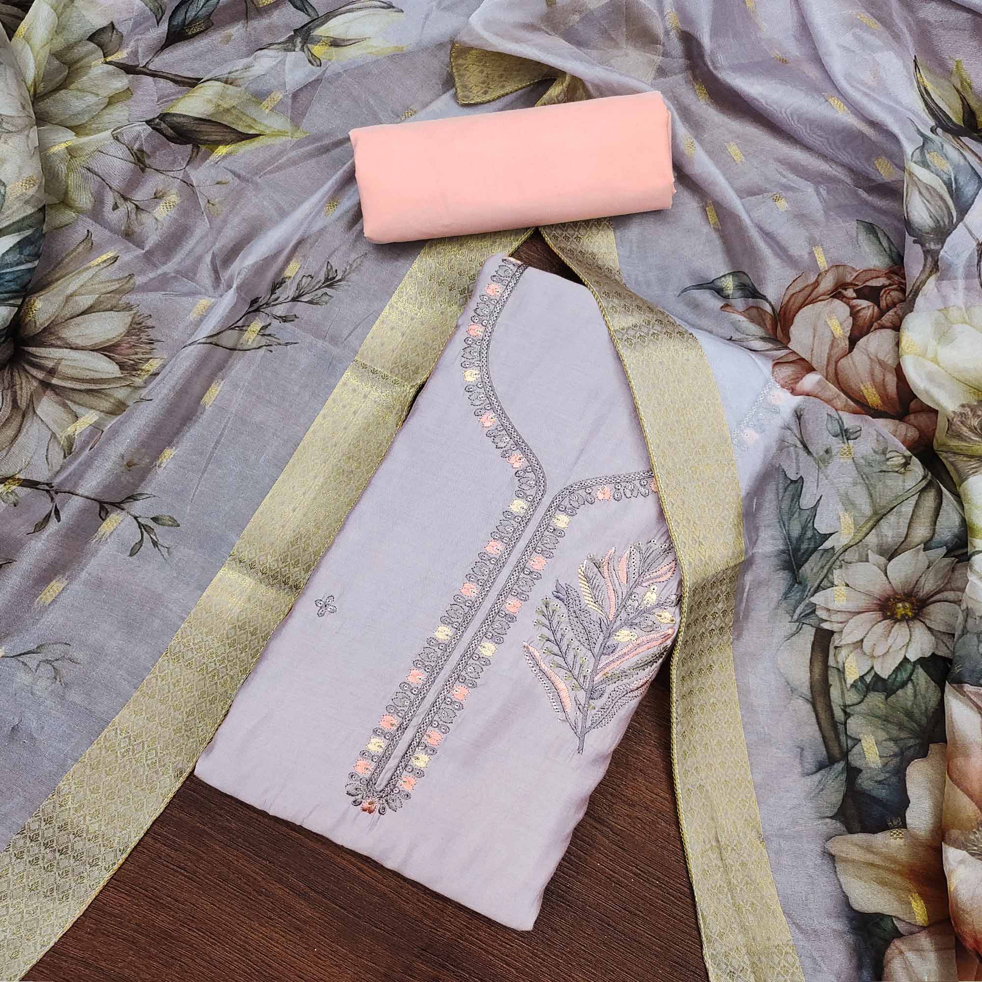 Light Purple Floral Embroidered Cotton Silk Dress Material